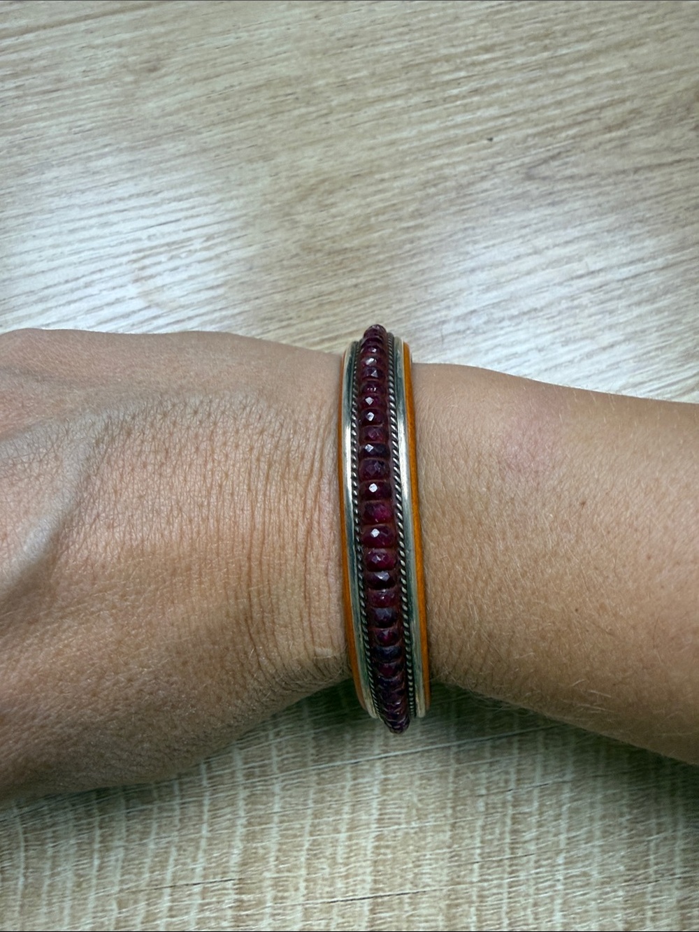 Charlie Favour Leather Sterling Silver and Ruby Cuff Bracelet